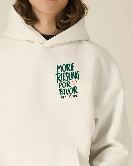 More Riesling Por Favor Hoodie Unisex in Natural Raw – Detailansicht – Bio-Streetwear aus der Pfalz | PFALZVIBE