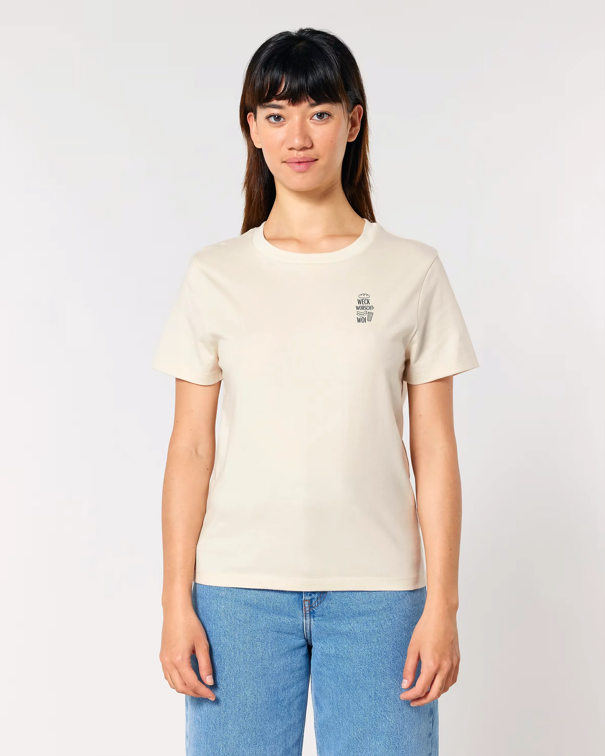 Weck Worscht & Woi - Brustprint (Damenshirt) – Produktbild – Bio Pfaelzer Streetwear | PFALZVIBE